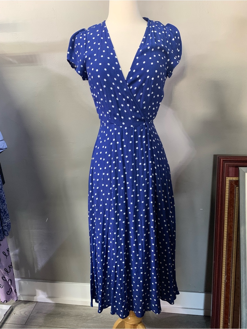 Forever 21 Blue Polka Dot Wrap-Style Midi Dress